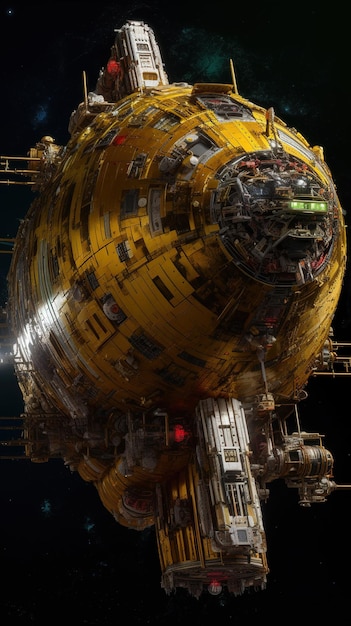 A yellow damaged space ship in space