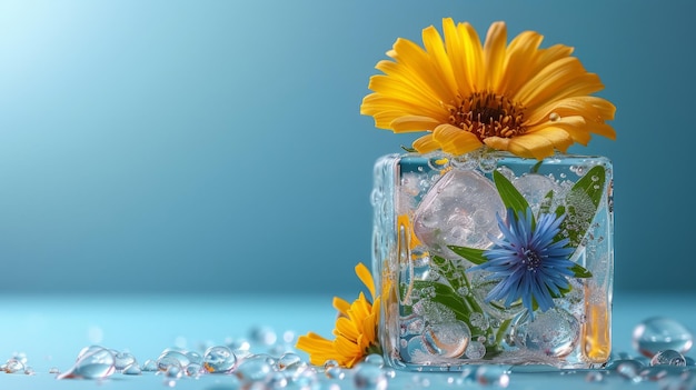 Yellow dandelion and yellow and blue flower on blue background of an ice cube