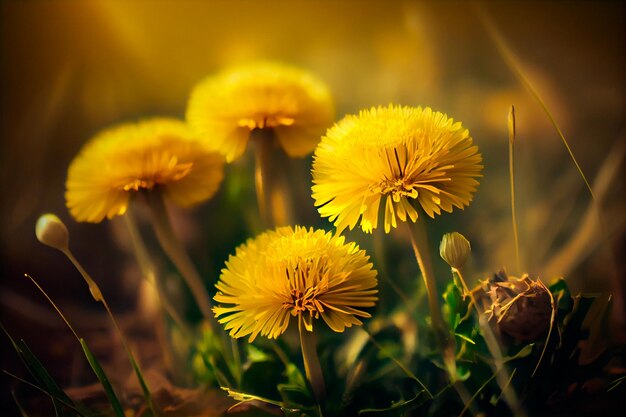 Yellow dandelions in bloom in nature in a sunny meadow during a warm spring or summer Generative AI