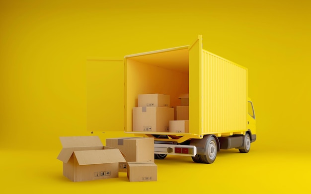 Yellow delivery truck with cardboard boxes Transportation shipment