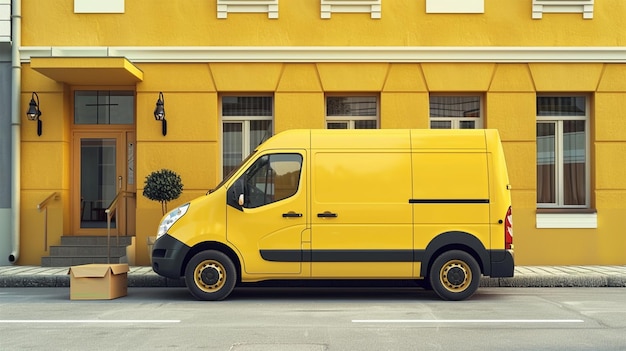 Yellow Delivery Van on Cobblestone Street