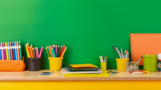 A yellow desk with a green background