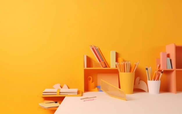 A yellow desk with a shelf that says'yellow'on it