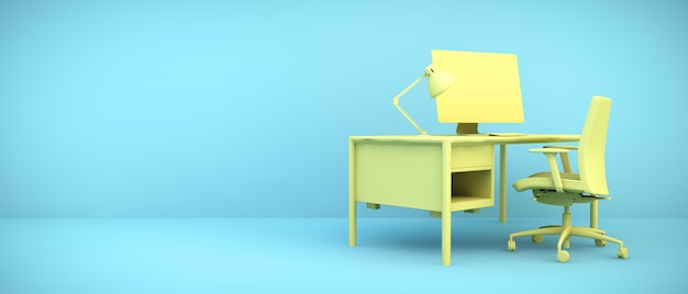 Yellow desktop on blue room, 3D rendering