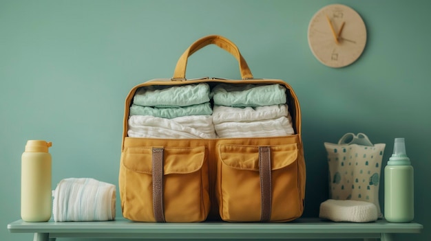 Photo yellow diaper bag open on green background showing baby clothes