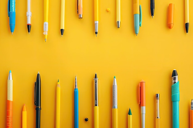 Photo a yellow display of various pens pencils and pens