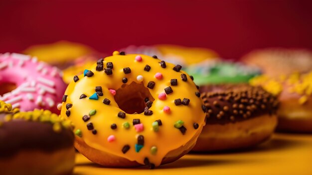 A yellow donut with sprinkles on it sits on a table with other donuts.