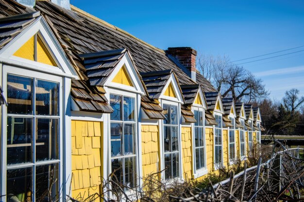 Photo yellow dormers cedar roof twig fence blue sky backdrop