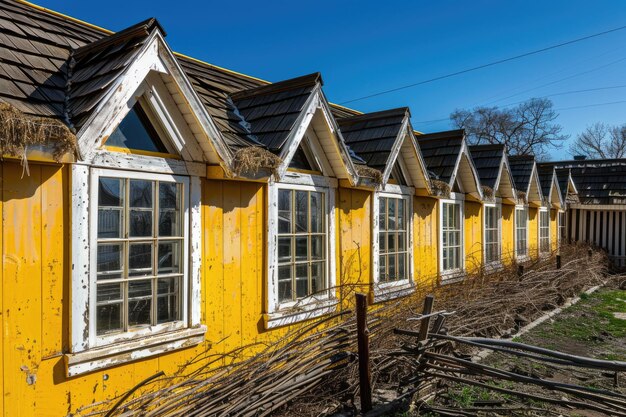 Photo yellow dormers cedar roof twig fence blue sky backdrop