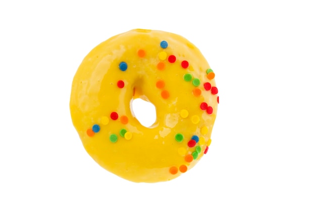 Yellow doughnut with frosting isolated on white background