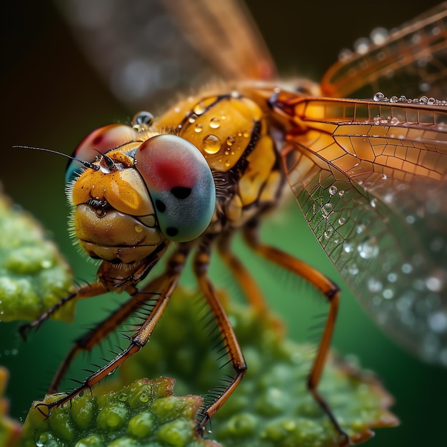 A yellow dragonfly with red and black eyes and red spots.