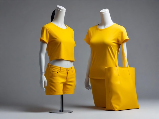 a yellow dress and a pair of shorts are shown with a bag on the left