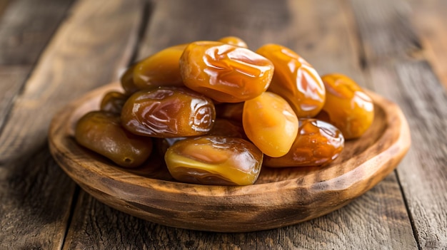 Yellow dry dates isolated on a wooden plate