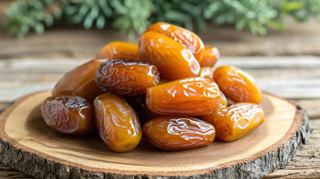 Yellow dry dates isolated on a wooden plate