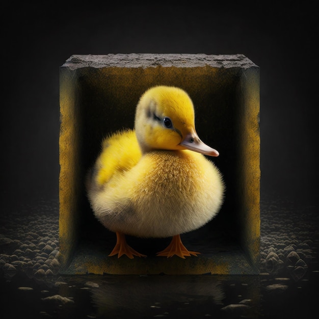 A yellow duck is in a small yellow box.