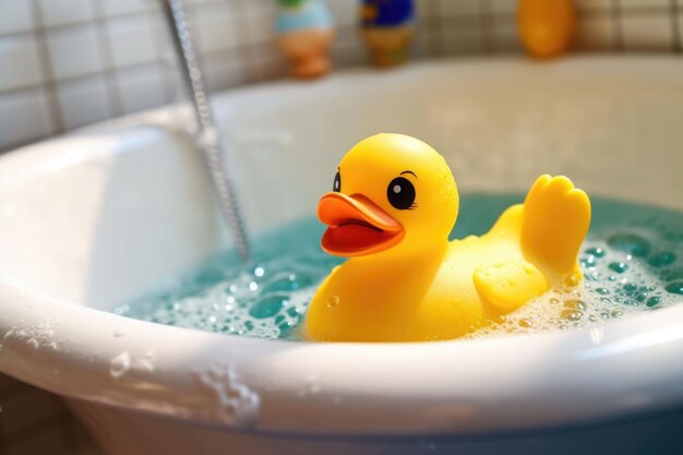 Photo yellow duck toy in the bathtub bath time concept generative ai