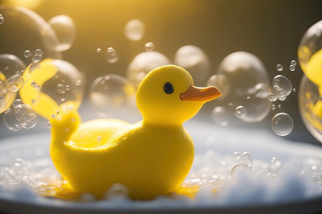 Yellow duck toy in the bubble bath bokeh ai generative