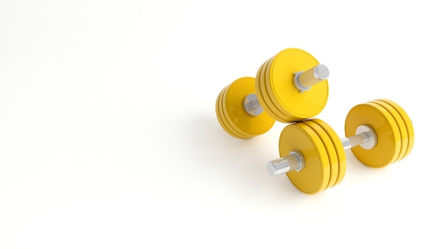 Yellow dumbbells on a white background close-up, 3d illustration