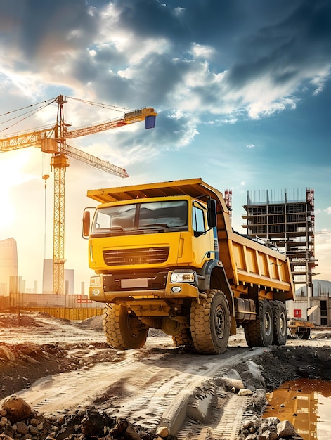 a yellow dump truck is parked on a construction site