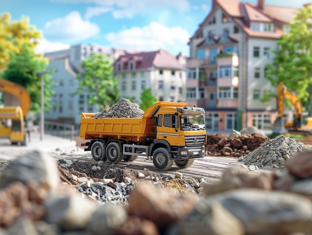 a yellow dump truck is on a pile of rocks