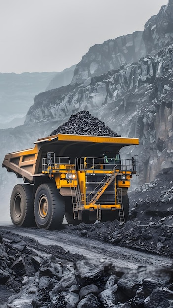 a yellow dump truck with a large pile of coal in the background