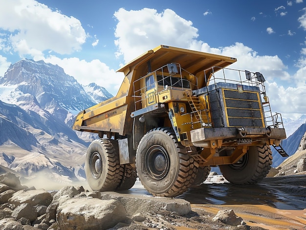 a yellow dump truck with a mountain in the background