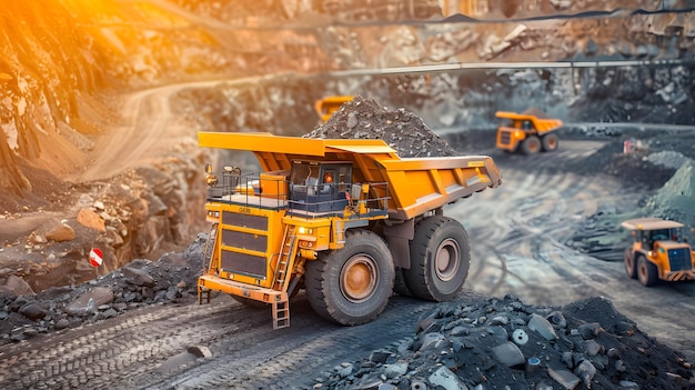 a yellow dump truck with a pile of coal in the background