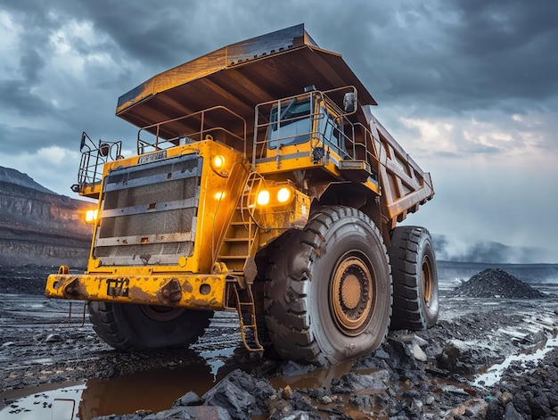 a yellow dump truck with the word  excavator  on the side