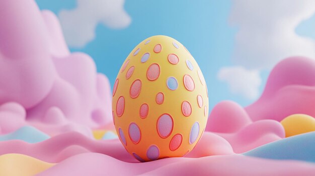 Photo yellow easter egg with colorful dots is standing on a dreamy pastelcolored cloudy background