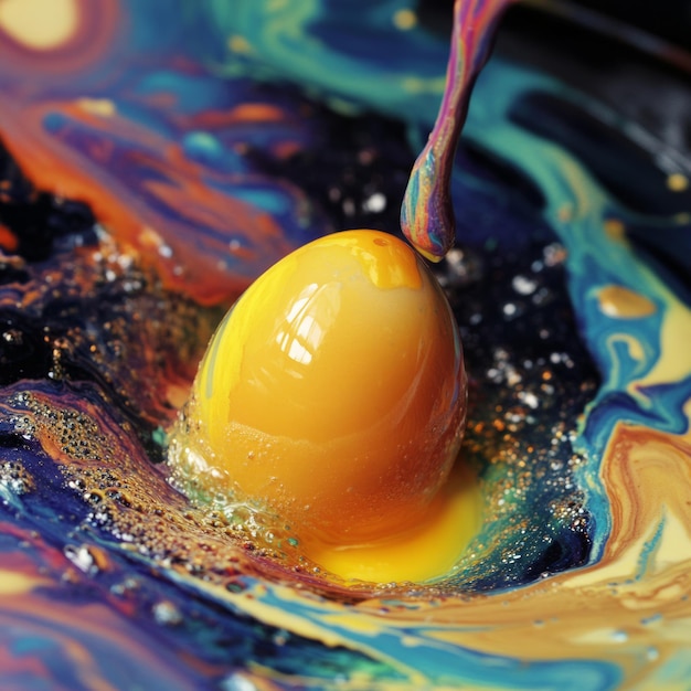 Photo a yellow egg sits in a swirling mixture of vibrant colors creating a mesmerizing abstract pattern