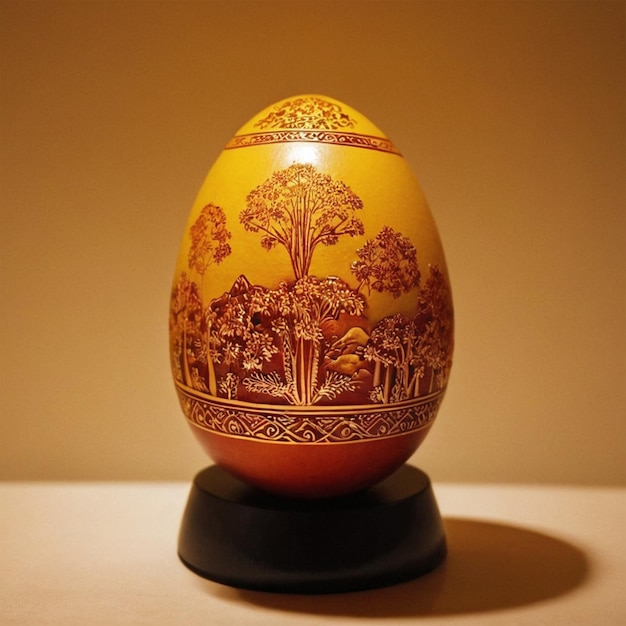 a yellow egg with a tree design on it