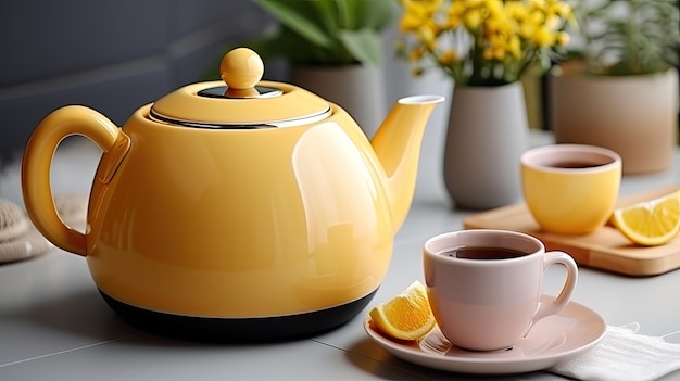 Yellow Electric kettle and mugs with poured tea stand on a modern wooden table in a cozy room Household appliances for making hot drinks AI generative