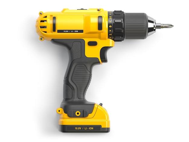 Yellow electric screwdriver drill on white isolated background