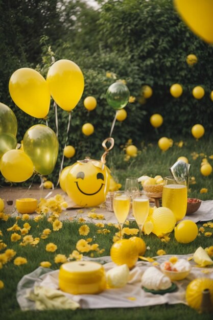 Photo yellow emoticons having a garden party