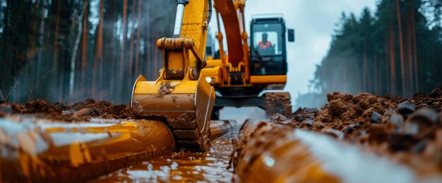 Photo a yellow excavator diligently works on a gas pipeline construction embodying energy and resolve