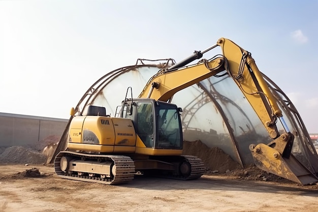 A yellow excavator is being used to dig a pile of dirt