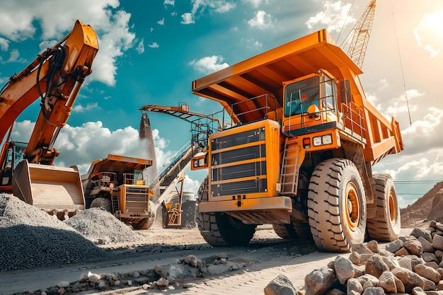 a yellow excavator is in a construction site