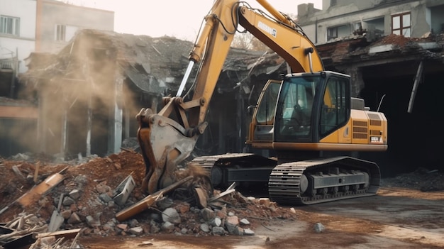 A yellow excavator is in a construction site.