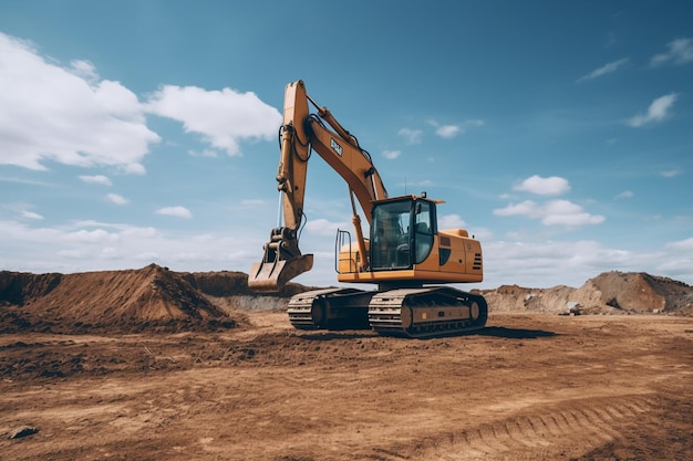 A yellow excavator is on a construction site.