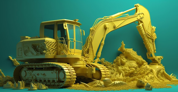 A yellow excavator is on a dirt field