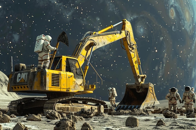 a yellow excavator is on the ground with a night sky behind it