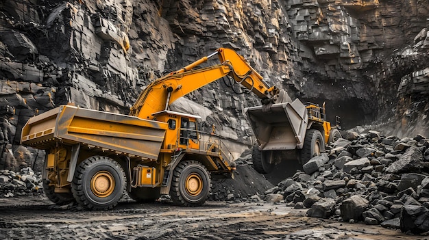 a yellow excavator is in a quarry with a pile of rocks