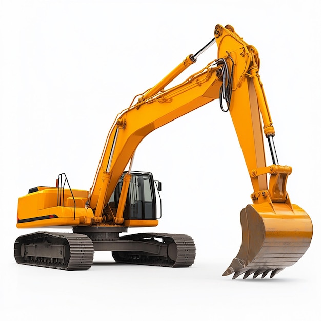 a yellow excavator is shown in a white background