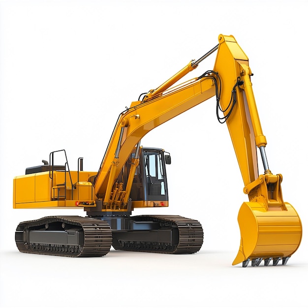 a yellow excavator is shown in a white background