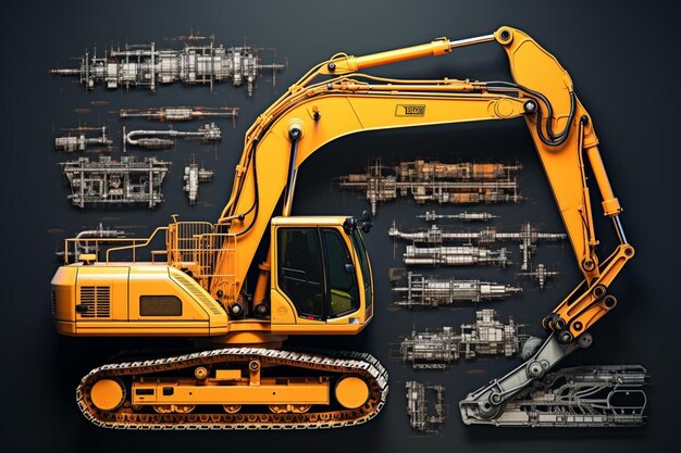 Photo a yellow excavator is shown with other parts