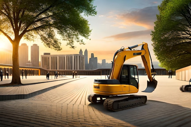 A yellow excavator is on a sidewalk in front of a cityscape.