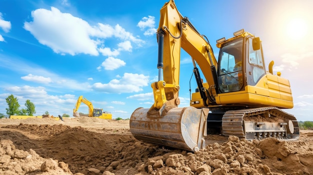 A yellow excavator operates on a construction site moving earth and digging into the ground while another machine works in the distance under a sunny sky