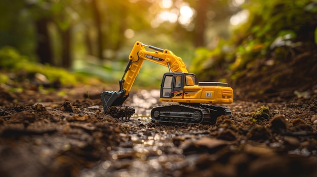 Yellow Excavator Toy in Forest