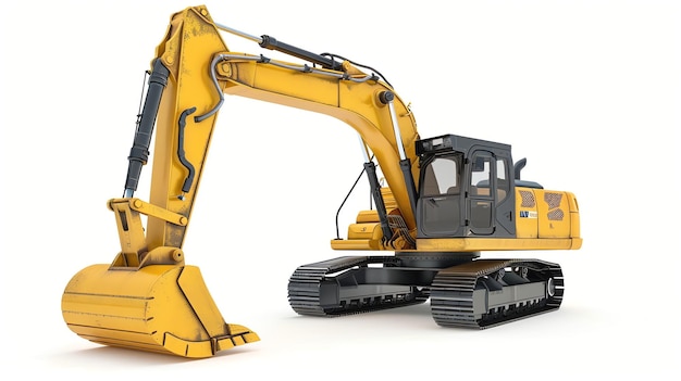 A yellow excavator with black tracks is positioned against a white background