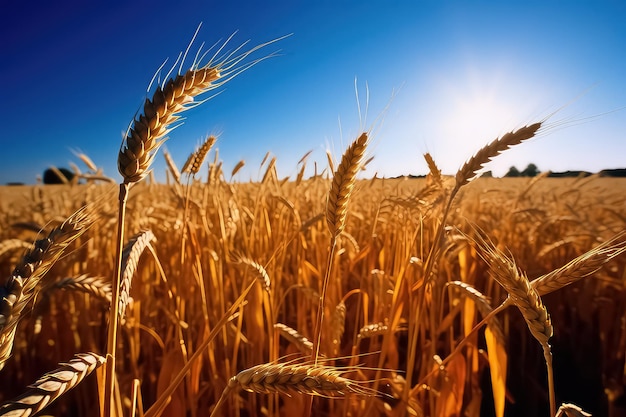 Yellow farming field with ripe wheat and blue sky